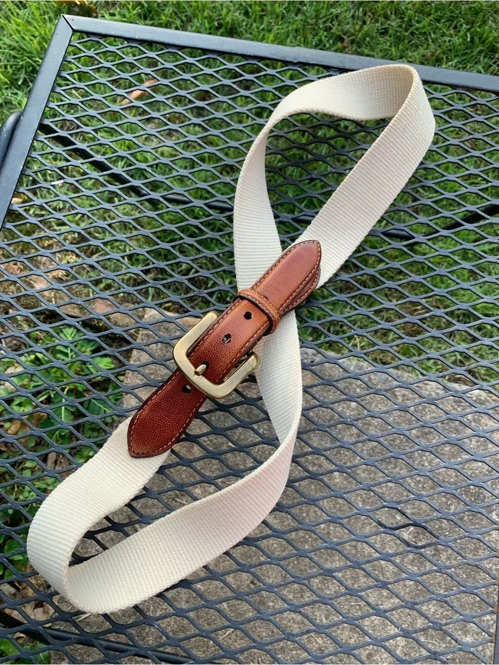 Vintage Martin Dingman Cream Canvas and Tan leather belt with brass buckle